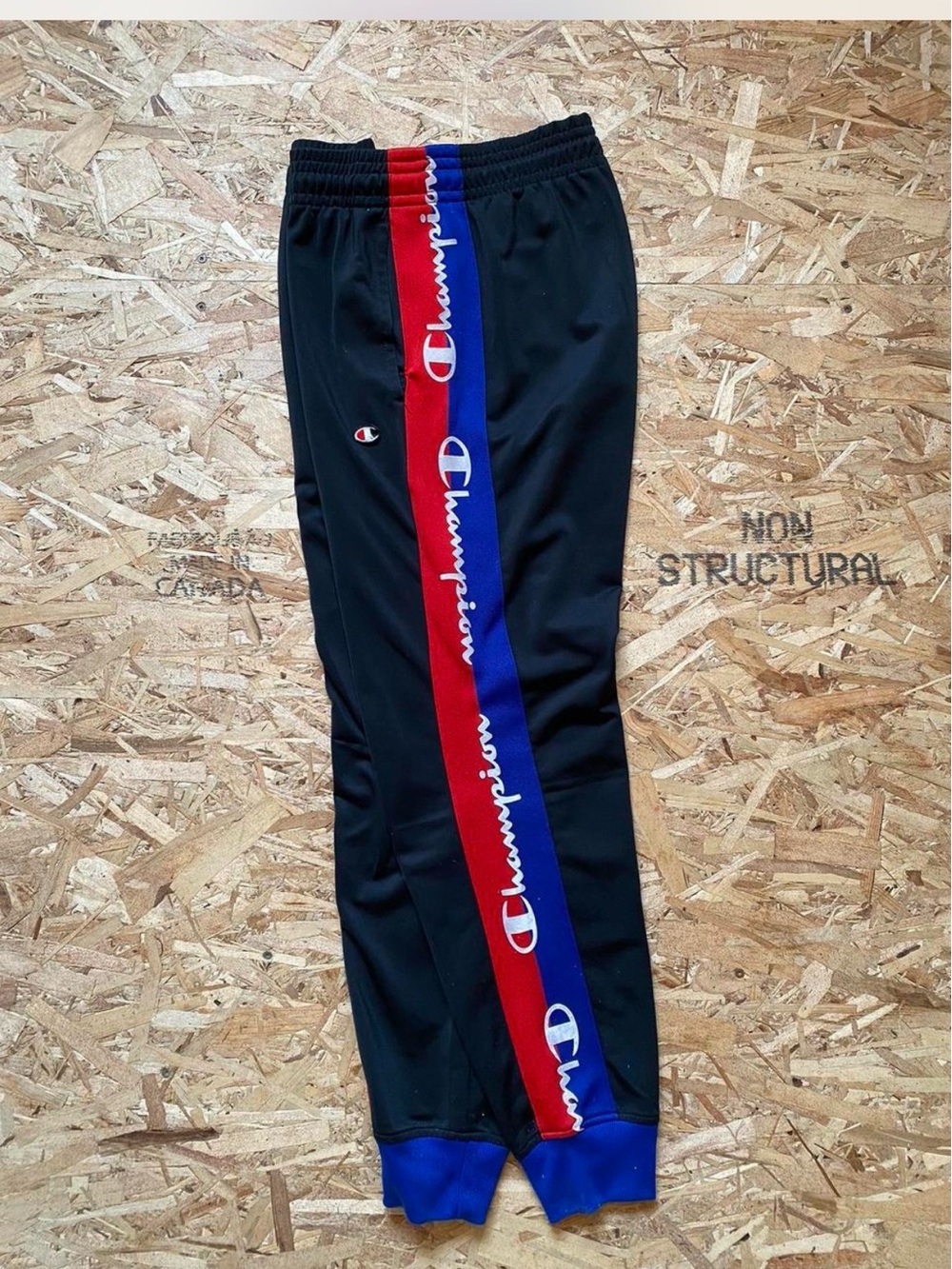 Champion Black Sweatpants with Red & Blue Side Stripe